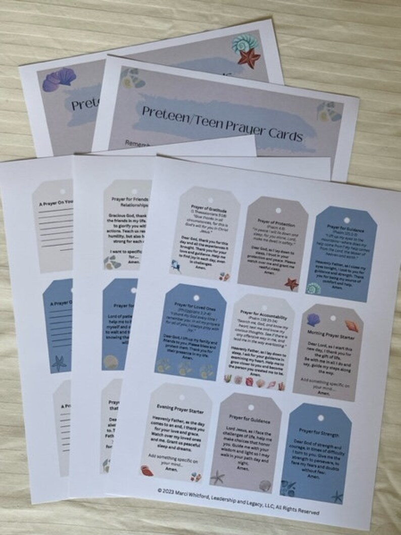 May include: A set of printable prayer cards for preteens and teens. The cards feature a blue and brown color scheme with seashell accents. Each card has a different prayer topic, such as a prayer for friends, a prayer for guidance, and a prayer for strength.