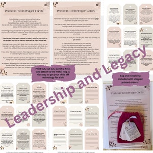 May include: A set of printable prayer cards for preteens and teens. The cards are pink and white with floral designs. The cards are designed to be cut out and attached to a metal ring. The text on the cards includes prayers for friends, family, patience, peace, and more. The cards are part of a set that includes a bag and a metal ring.