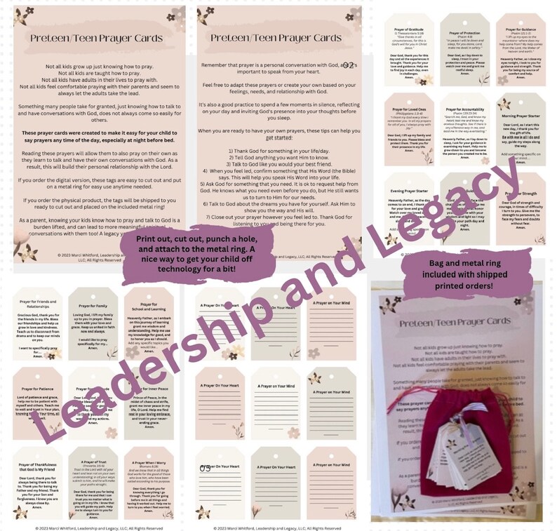 May include: A set of printable prayer cards for preteens and teens. The cards are pink and white with floral designs. The cards are designed to be cut out and attached to a metal ring. The text on the cards includes prayers for friends, family, patience, peace, and more. The cards are part of a set that includes a bag and a metal ring.