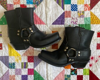 Womens black leather harness boots