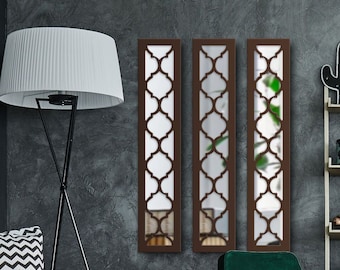 Modern 3 Piece Wall Mirror Set With Wood Geometric Frame for Living Room Decor