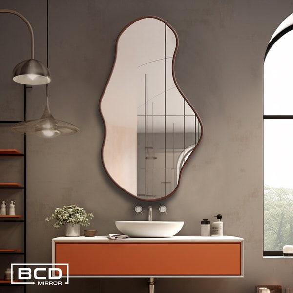 Miroir mural asymétrique en bois, vagues irrégulières l Cadre en bois pour salle de bain, salon l Irrégulier esthétique, design spécial l Cadeaux pour la fête des Mères