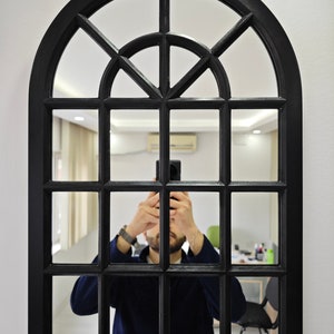 Rustic Arched Windowpane Wall Mirror - Black Framed Vintage Decorative Accent Living Rooms Bedrooms Entryways Office l Special Event Gift