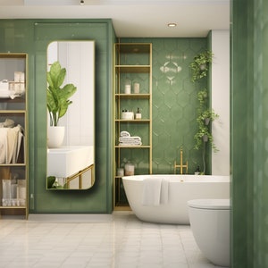 May include: A modern bathroom with green tile walls, a white bathtub, a gold shelf unit, and a large mirror. The bathroom has a green and white color scheme.