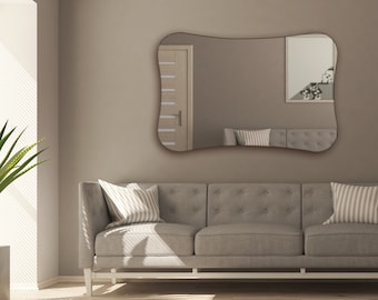 Frameless Asymmetrical Rectangle Wood Wall Mirror l Special Lux Home Decor Modern Unique Aesthetic Black Bathroom Mirror l Large Wall Mirror