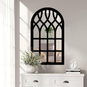 Gothic Arch Window Mirror | Black White Brown Frame Vintage Wall Mirror | Rustic Farmhouse Decor for Living Room Entryway Bedroom Hallway