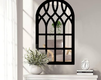 Gothic Arched Wall Mirror: Black Wooden Window Frame Decor