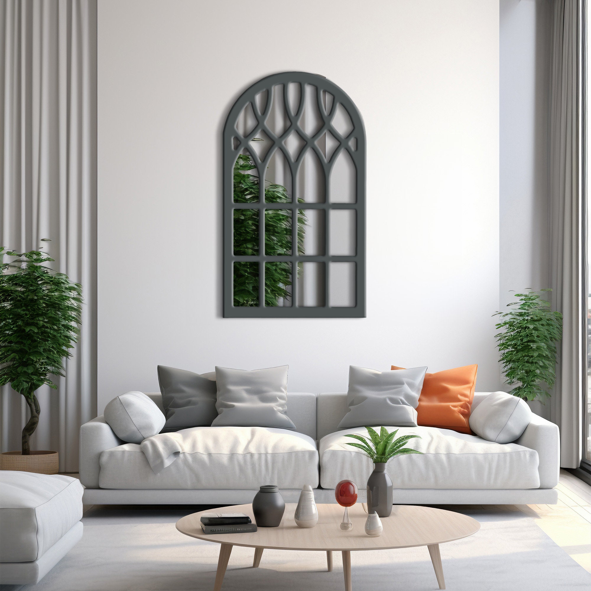 Window Arched Wooden Wall Decor Mirror L Entryway Bedroom White and ...