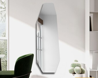 Frameless Asymmetrical Wood Wall Mirror: Angled Irregular Hallway Mirror