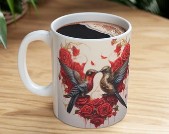 In Love Hummingbirds Coffee Mug, Coffee Cup, Love Birds Mug, Red Roses Hummingbird Mug, Kissing Hummingbirds Gifts, Ceramic Mug 11oz