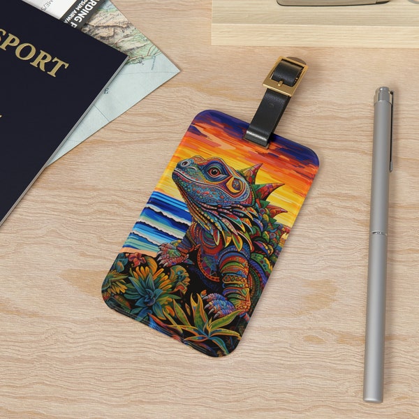 Colorful Iguana On The Beach Luggage Tag, Acrylic Luggage Name Tag, Luggage Tag, Tropical Travel Tag, Custom Suitcase Tag Travel Tag Bag Tag