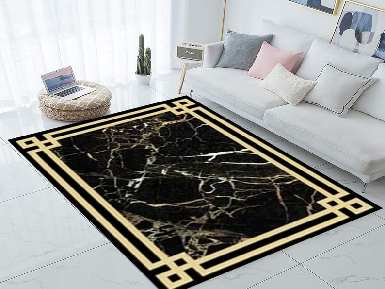 Marble Pattern Luxury Rug, Black and Gold Bath Mat, Quickdrying Bath