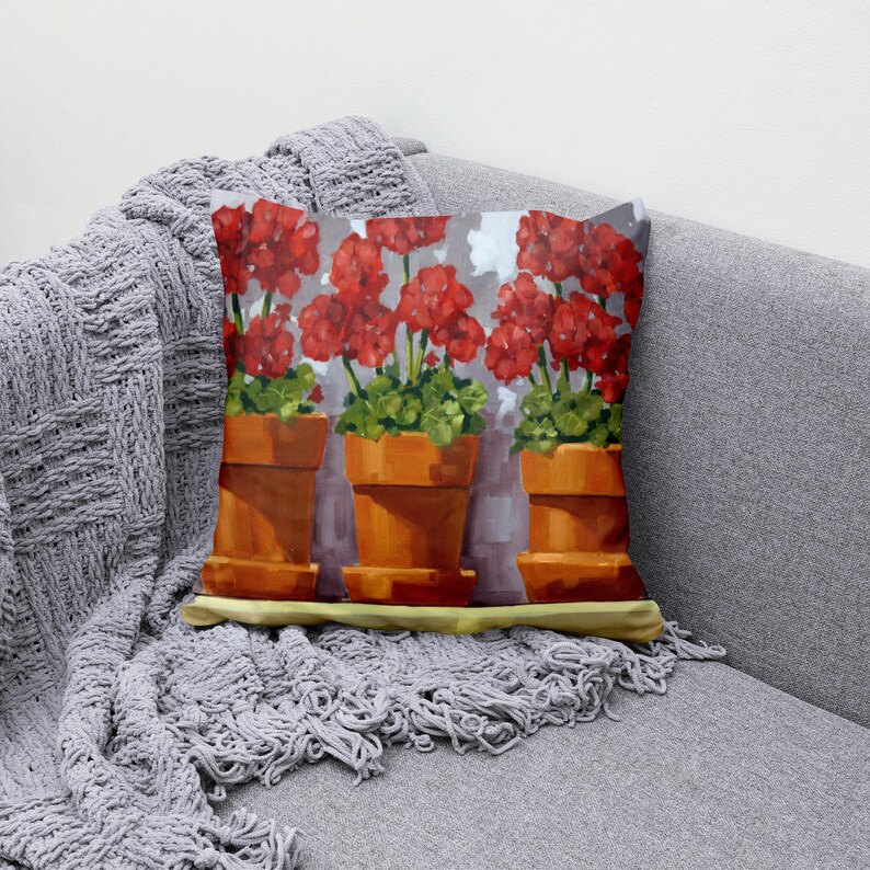 Red Geraniums in Tera Cotta Pots Printed From Painted DESIGN on a