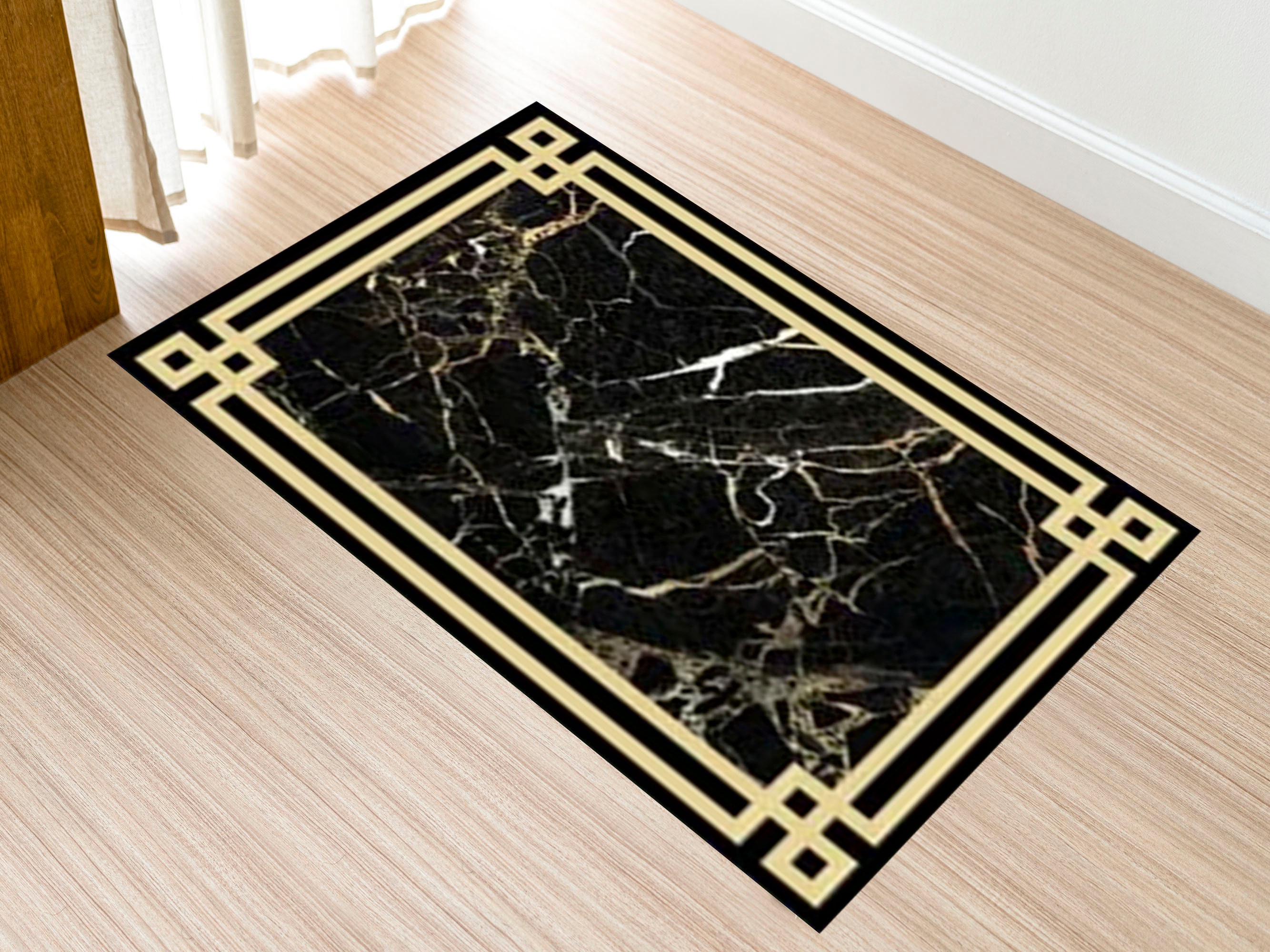 Marble Pattern Luxury Rug, Black and Gold Bath Mat, Quickdrying Bath