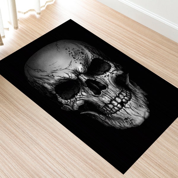 Tapis effrayant, tapis tête de mort réaliste, tapis tête de mort horreur, tapis tête de mort noir blanc, décoration horreur, tapis tête de mort design, tapis tête de mort cool, tapis antidérapant