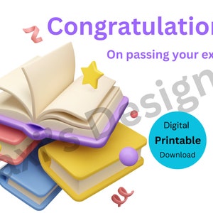 Puede incluir: Una tarjeta imprimible digital con el texto "Enhorabuena por aprobar tus exámenes". La imagen presenta una pila de libros coloridos, una estrella y elementos decorativos. La tarjeta está diseñada para celebrar logros académicos.