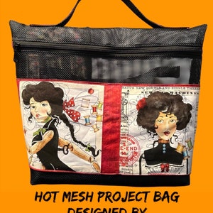Hot Mesh Project Bag with a pieced accent front and luggage strap on back.  Designed and Sewn by Linda C of Sewcookie Designs