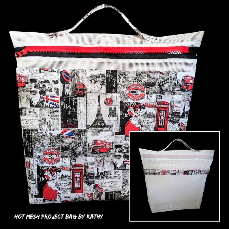 Hot Mesh Project Bag sewn by Kathy M with vinyl accent front and two-tone molded zipper