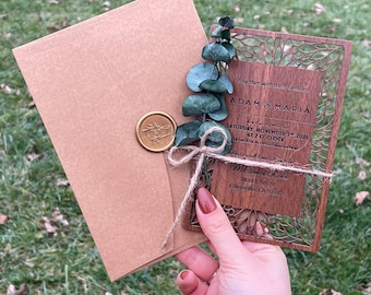 Eucalyptus Rustic Wooden Wedding Invitation Set: Engraved Wood Cards