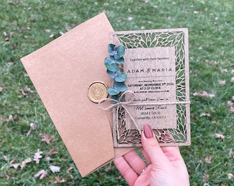 Personalized Rustic Wood Wedding Invitation Set: Floral Engraved Design