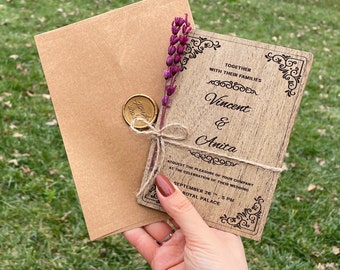 Personalized Rustic Wood Wedding Invitation: Lavender Accent