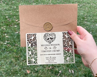 Custom Wood Wedding Invitation Set: Rustic Engraved Invitations