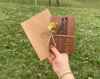 Floral Wedding  Wooden Invitation, Wood Wedding Invitation Card, Wedding Invites Set, Wedding Invitation With Rsvp, Wedding Rsvp Card