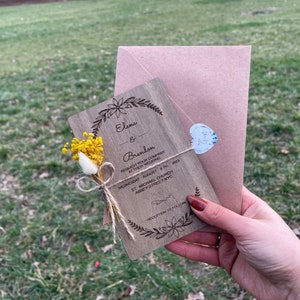 Floral & Wooden Wedding Invitation, Rustic Invitation with Hand Painted Wood 4" x 6" (10x15) cm