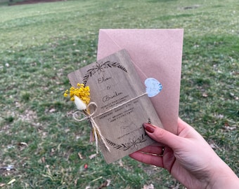 Floral Engraved Wooden Wedding Invitation: Rustic Custom Invite (4x6"/10x15cm)