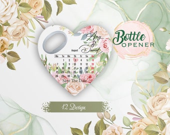 Custom Heart Wedding Favor: Personalized Magnet Bottle Opener, Calendar Design