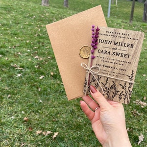 Wood & Lavender Wedding Invitation Set, Lavender Wedding Invitations - Purple or Burgundy Wedding Invitation
