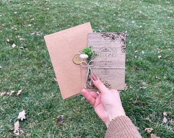 Gypsophila & Wood Wedding Invitation, Rustic Wedding Invitations with FREE Envelopes and Stickers