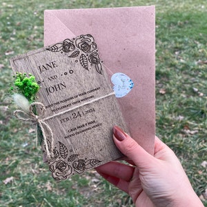 Floral Wooden Wedding Invitations & Gypsophila Flowers, Hand Painted Wood Invitation 4" x 6" (10x15)