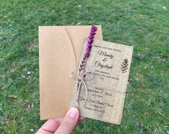 Engraved Wooden Wedding Invitation with Lavender - Rustic Country Invite
