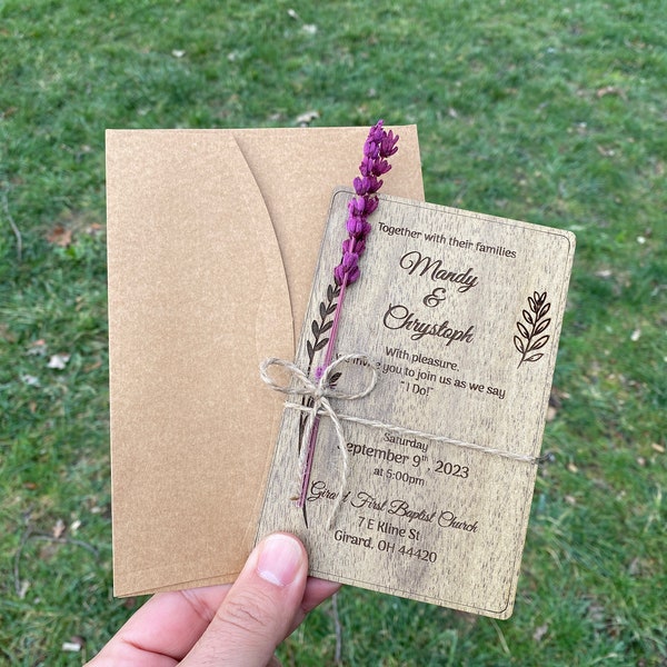 Lavender Floral Tropical Wedding Invitation Laser Cut Wooden Wedding Invitations Personalized-Wood Invitation Set Wooden wedding invitation
