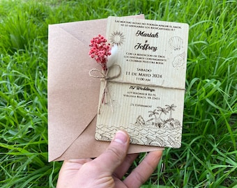 Wooden Wedding Invitation with Envelope – Rustic Beach Theme Engraved Card – Personalized Destination Wedding Invite
