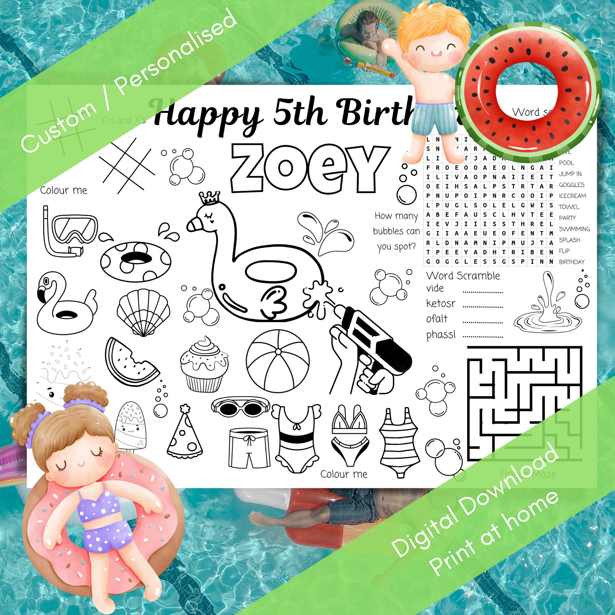 Custom Pool Party Colouring Page Activity Sheet Placemat Birthday Party ...