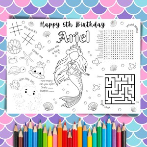 Custom Mermaid Colouring Page Activity Sheet Placemat Birthday Party Favours Printable Mermaid Little Party under the sea creature shell