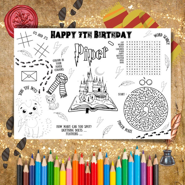 Custom Wizard Magic School Colouring Page Activity Sheet Placemat Birthday Party Favours Printable HP Spells Witch Potter