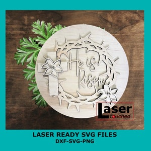 Signe Il est ressuscité, téléchargement numérique, accroche-porte rond svg, fichier laser Glowforge, décoration de Pâques, signe de Jésus, fichier coupé, svg, fichier laser