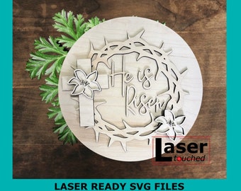 He is risen Sign, Digital download, Round door hanger svg, Glowforge laser file, Easter decor, Jesus sign, cut file, svg, Laser file