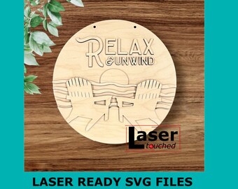 Beach Sign, Digital download, Round door hanger svg, Glowforge laser file, Summer decor, Summer sign, cut file, svg, Laser file, Relax