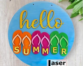 Hello Summer Sign, Digital download, Round door hanger svg, Glowforge laser file, Summer decor, Summer sign, cut file, svg, Laser file