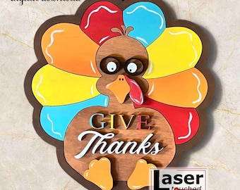 Dar gracias signo de Turquía, descarga digital, colgador de puerta redonda svg, archivo láser Glowforge, signo de Acción de Gracias, archivo cortado, svg, archivo láser