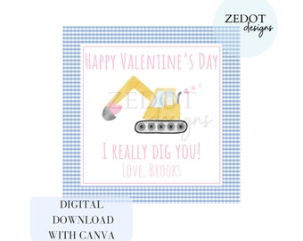 Printable Gift Tag, Excavator Valentine's Day, Editable
