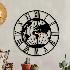 Wereldkaart metalen wandklok, metalen grote wandklok, klokken voor aan de muur, cadeau voor hem, Valentijnsdagcadeau, grote wandklok, wandklokken