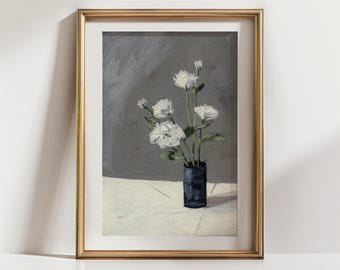 May include: A painting of a bouquet of white flowers in a dark blue vase on a white tablecloth. The background is a light gray.