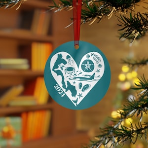 Whidbey Island Metal Christmas Ornament - Killer Whale, Sand Dollar, Crab, Fish, Mussels, Starfish, Island Outline, Nautical