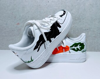 Sneakers Air Force 1 personalizzate dipinte a mano con cavalli e carote / Divertenti AF1 da equitazione / Scarpe artistiche originali