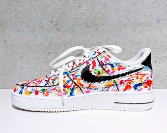 Hand-Painted Neon Splatter Air Force 1 Sneakers | Black Logo AF1 | Vibrant Paint Splatter Shoes